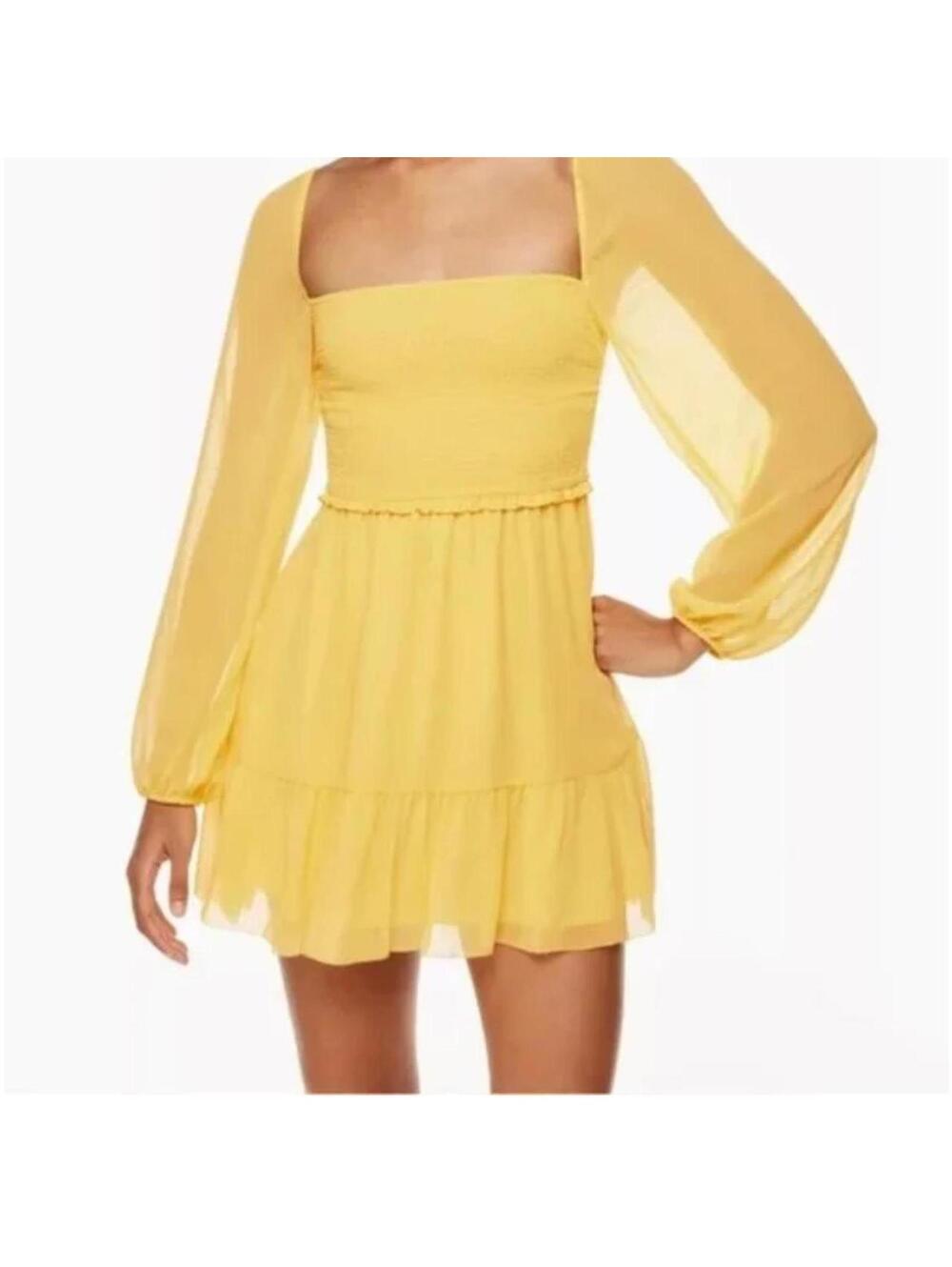 Aritzia Wilfred Tempest Yellow Smocked Chiffon Sheer Short Mini Dress Siz Medium